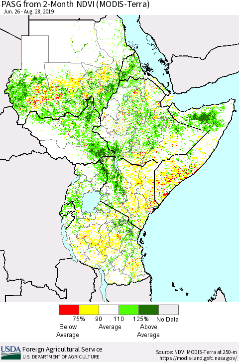 Eastern Africa PASG from 2-Month NDVI (Terra-MODIS) Thematic Map For 8/21/2019 - 8/31/2019