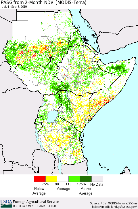Eastern Africa PASG from 2-Month NDVI (Terra-MODIS) Thematic Map For 9/1/2019 - 9/10/2019