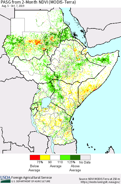 Eastern Africa PASG from 2-Month NDVI (Terra-MODIS) Thematic Map For 10/1/2019 - 10/10/2019