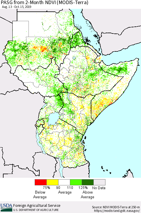 Eastern Africa PASG from 2-Month NDVI (Terra-MODIS) Thematic Map For 10/11/2019 - 10/20/2019