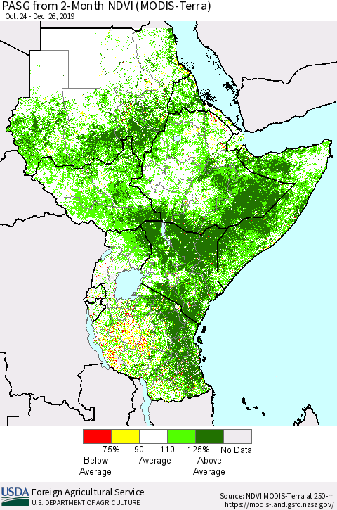 Eastern Africa PASG from 2-Month NDVI (Terra-MODIS) Thematic Map For 12/21/2019 - 12/31/2019
