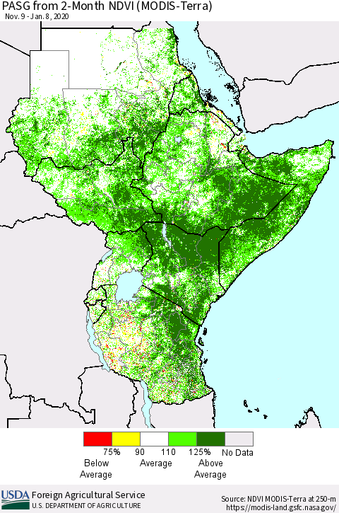 Eastern Africa PASG from 2-Month NDVI (Terra-MODIS) Thematic Map For 1/1/2020 - 1/10/2020