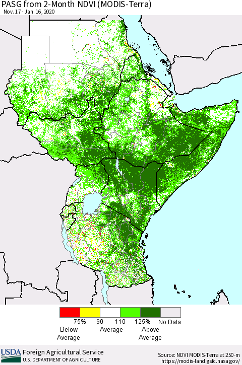 Eastern Africa PASG from 2-Month NDVI (Terra-MODIS) Thematic Map For 1/11/2020 - 1/20/2020
