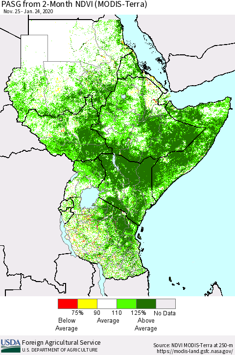 Eastern Africa PASG from 2-Month NDVI (Terra-MODIS) Thematic Map For 1/21/2020 - 1/31/2020