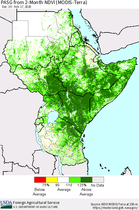 Eastern Africa PASG from 2-Month NDVI (Terra-MODIS) Thematic Map For 2/11/2020 - 2/20/2020