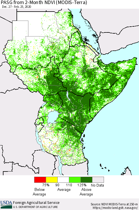 Eastern Africa PASG from 2-Month NDVI (Terra-MODIS) Thematic Map For 2/21/2020 - 2/29/2020