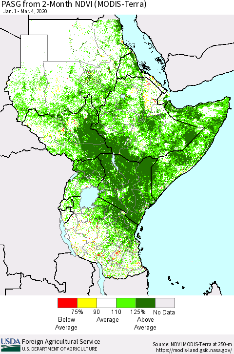 Eastern Africa PASG from 2-Month NDVI (Terra-MODIS) Thematic Map For 3/1/2020 - 3/10/2020