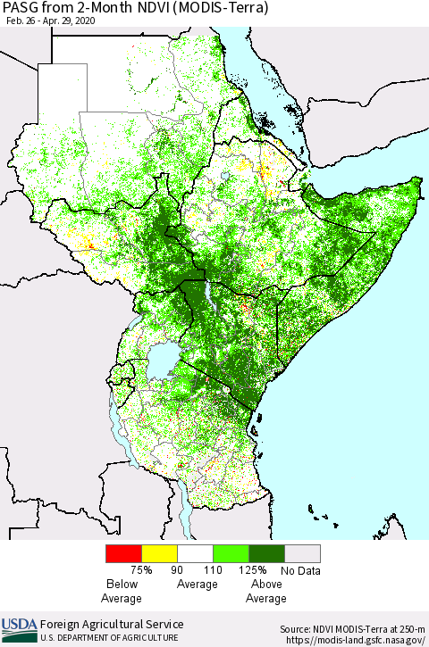 Eastern Africa PASG from 2-Month NDVI (Terra-MODIS) Thematic Map For 4/21/2020 - 4/30/2020