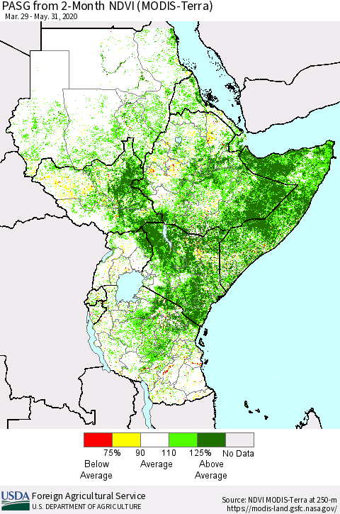 Eastern Africa PASG from 2-Month NDVI (Terra-MODIS) Thematic Map For 5/21/2020 - 5/31/2020