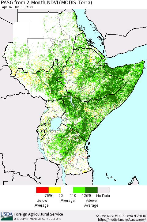 Eastern Africa PASG from 2-Month NDVI (Terra-MODIS) Thematic Map For 6/11/2020 - 6/20/2020