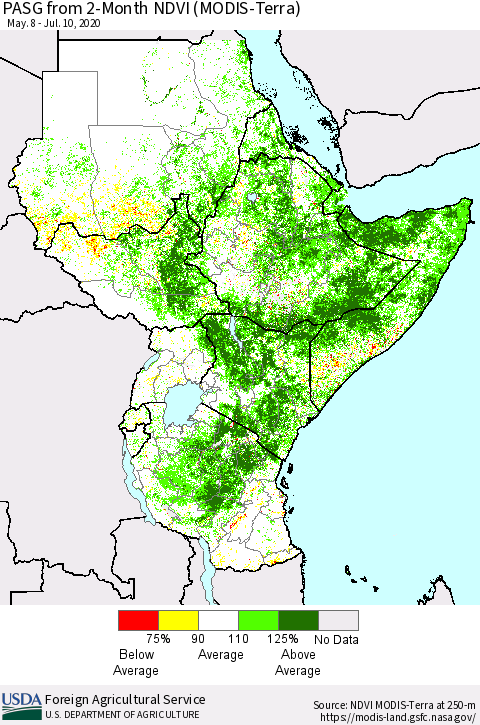 Eastern Africa PASG from 2-Month NDVI (Terra-MODIS) Thematic Map For 7/1/2020 - 7/10/2020