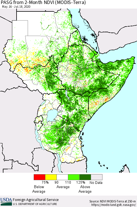 Eastern Africa PASG from 2-Month NDVI (Terra-MODIS) Thematic Map For 7/11/2020 - 7/20/2020