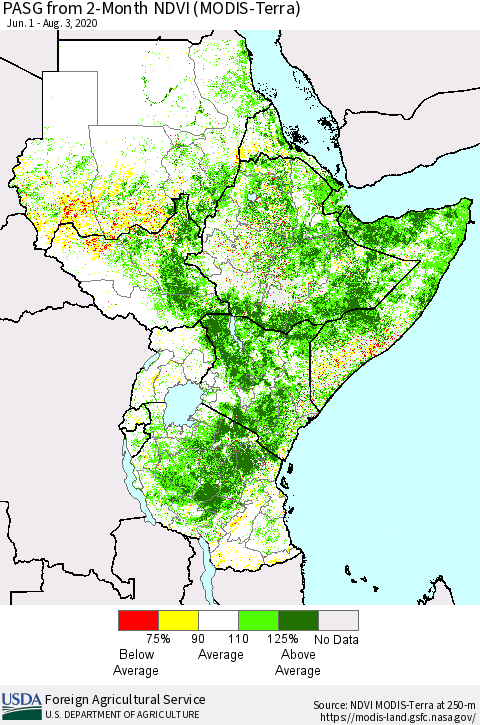 Eastern Africa PASG from 2-Month NDVI (Terra-MODIS) Thematic Map For 8/1/2020 - 8/10/2020
