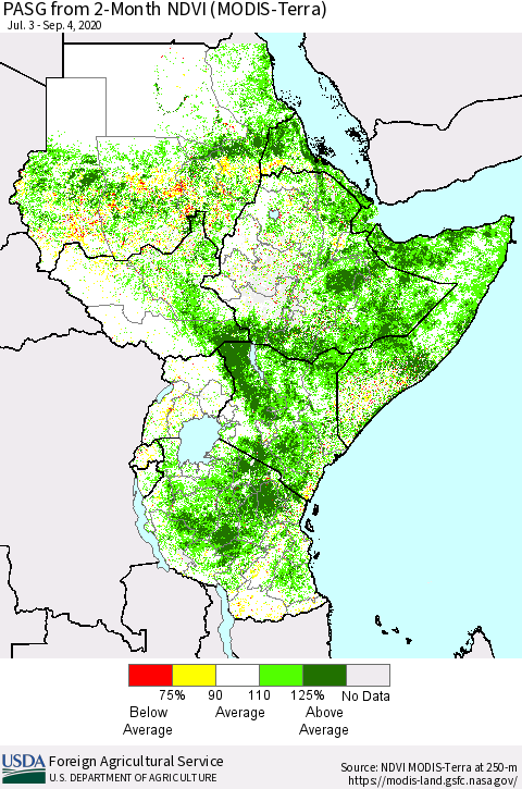 Eastern Africa PASG from 2-Month NDVI (Terra-MODIS) Thematic Map For 9/1/2020 - 9/10/2020
