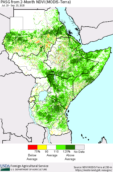 Eastern Africa PASG from 2-Month NDVI (Terra-MODIS) Thematic Map For 9/11/2020 - 9/20/2020