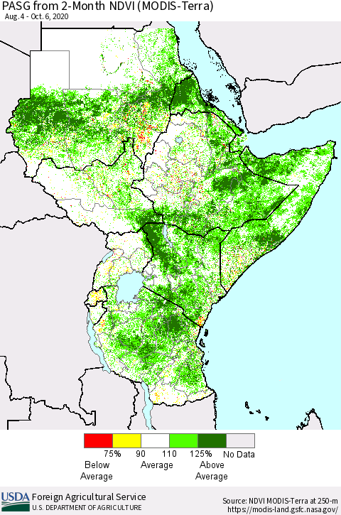 Eastern Africa PASG from 2-Month NDVI (Terra-MODIS) Thematic Map For 10/1/2020 - 10/10/2020