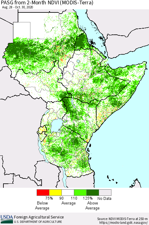 Eastern Africa PASG from 2-Month NDVI (Terra-MODIS) Thematic Map For 10/21/2020 - 10/31/2020
