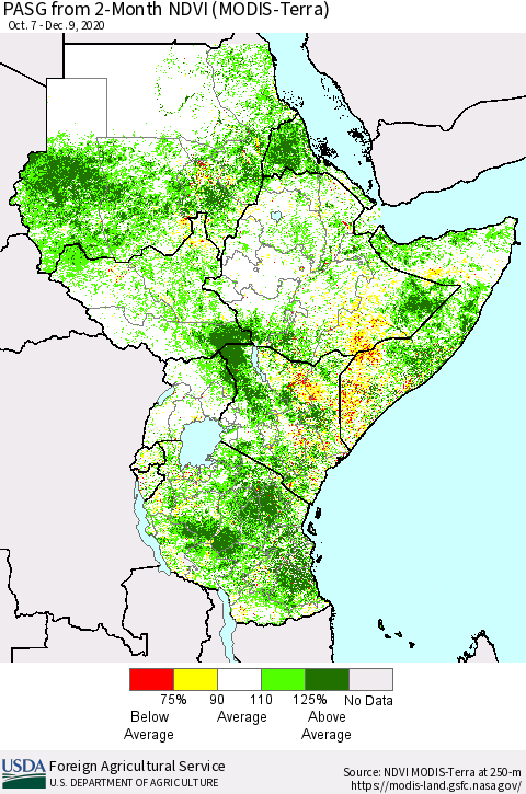 Eastern Africa PASG from 2-Month NDVI (Terra-MODIS) Thematic Map For 12/1/2020 - 12/10/2020