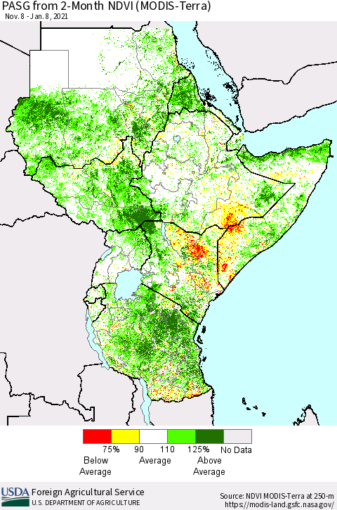 Eastern Africa PASG from 2-Month NDVI (Terra-MODIS) Thematic Map For 1/1/2021 - 1/10/2021