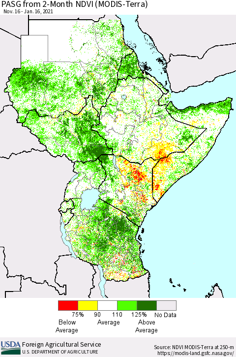 Eastern Africa PASG from 2-Month NDVI (Terra-MODIS) Thematic Map For 1/11/2021 - 1/20/2021