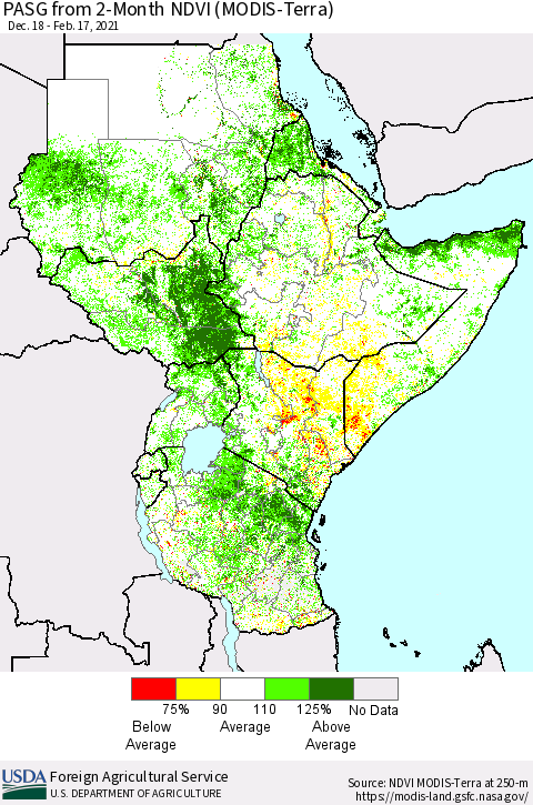 Eastern Africa PASG from 2-Month NDVI (Terra-MODIS) Thematic Map For 2/11/2021 - 2/20/2021