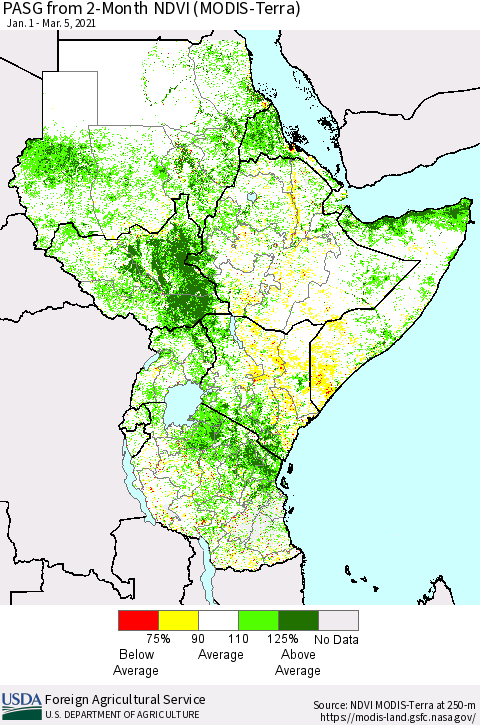 Eastern Africa PASG from 2-Month NDVI (Terra-MODIS) Thematic Map For 3/1/2021 - 3/10/2021
