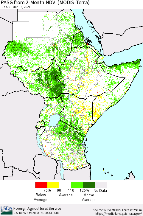 Eastern Africa PASG from 2-Month NDVI (Terra-MODIS) Thematic Map For 3/11/2021 - 3/20/2021