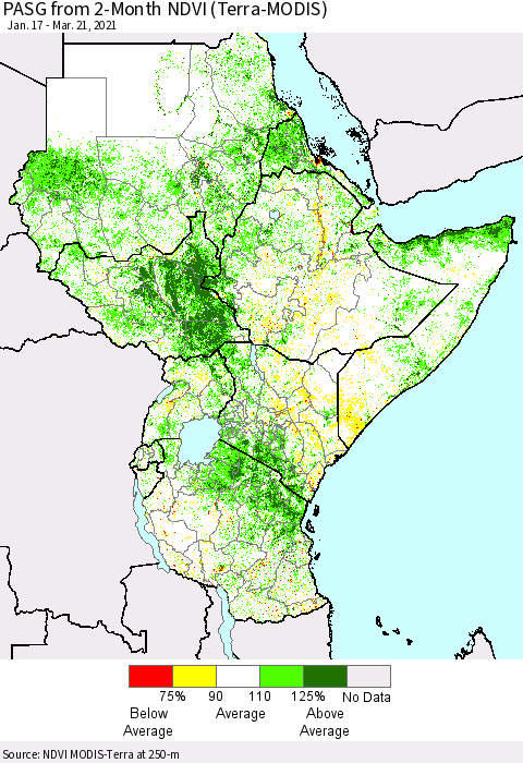 Eastern Africa PASG from 2-Month NDVI (Terra-MODIS) Thematic Map For 3/14/2021 - 3/21/2021
