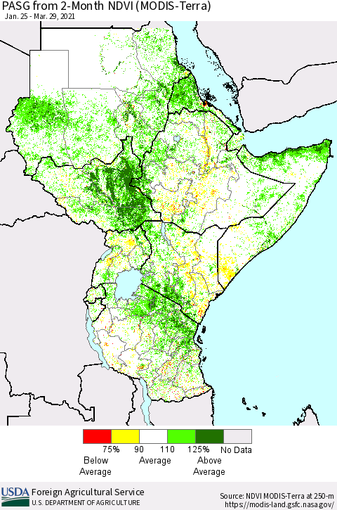 Eastern Africa PASG from 2-Month NDVI (Terra-MODIS) Thematic Map For 3/21/2021 - 3/31/2021