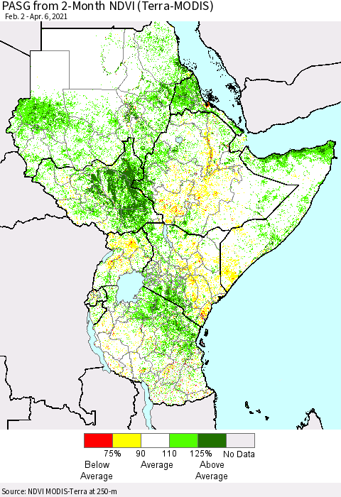Eastern Africa PASG from 2-Month NDVI (Terra-MODIS) Thematic Map For 3/30/2021 - 4/6/2021