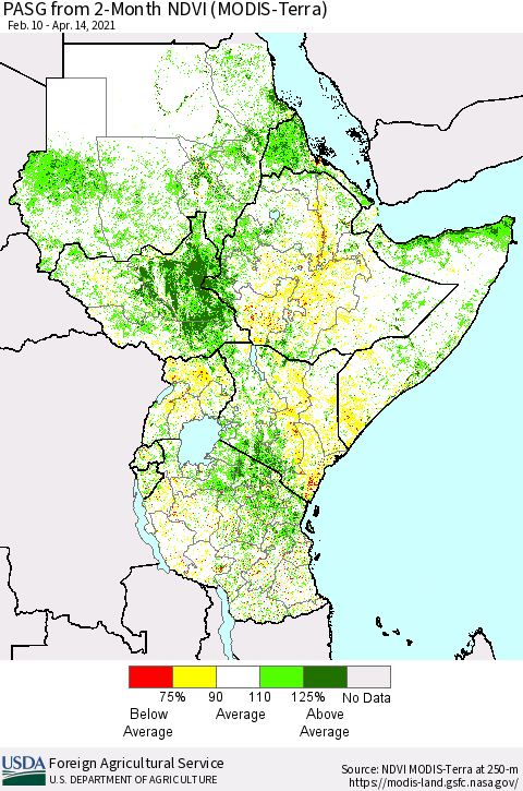 Eastern Africa PASG from 2-Month NDVI (Terra-MODIS) Thematic Map For 4/11/2021 - 4/20/2021