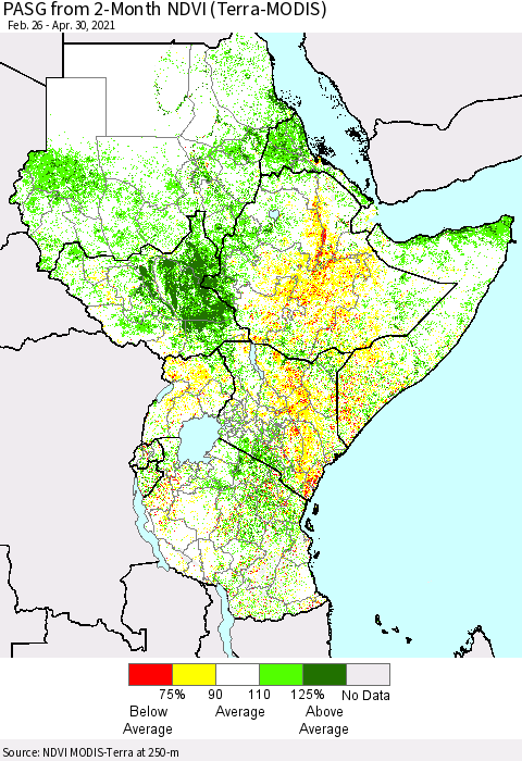 Eastern Africa PASG from 2-Month NDVI (Terra-MODIS) Thematic Map For 4/21/2021 - 4/30/2021