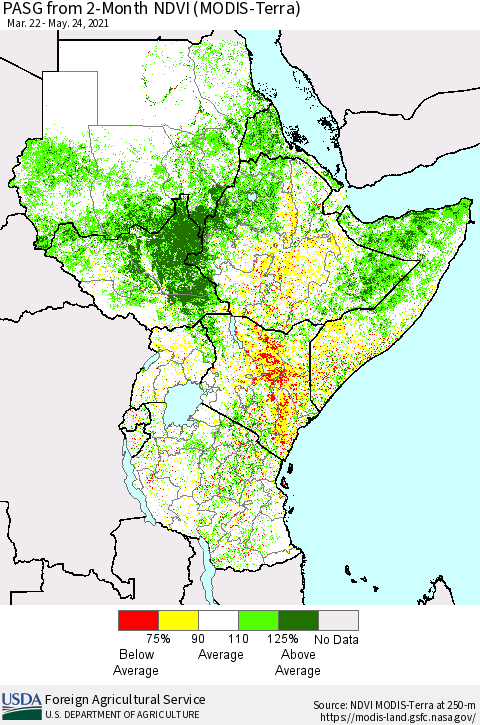Eastern Africa PASG from 2-Month NDVI (Terra-MODIS) Thematic Map For 5/21/2021 - 5/31/2021