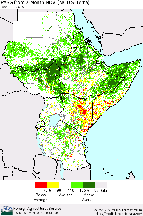 Eastern Africa PASG from 2-Month NDVI (Terra-MODIS) Thematic Map For 6/21/2021 - 6/30/2021