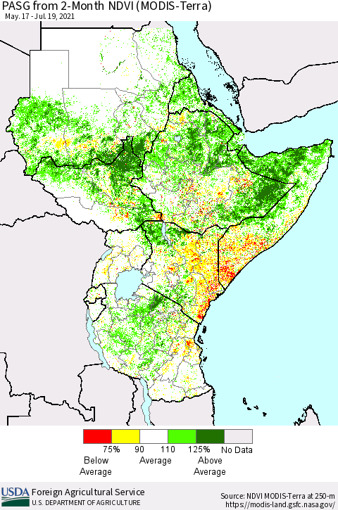 Eastern Africa PASG from 2-Month NDVI (Terra-MODIS) Thematic Map For 7/11/2021 - 7/20/2021