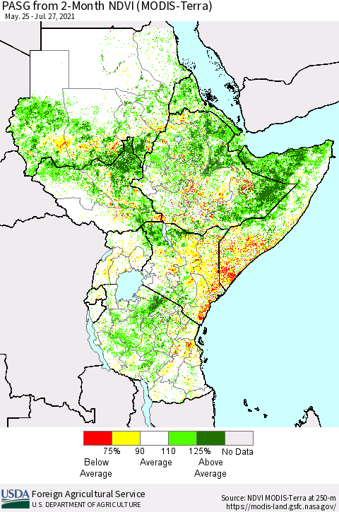 Eastern Africa PASG from 2-Month NDVI (Terra-MODIS) Thematic Map For 7/21/2021 - 7/31/2021