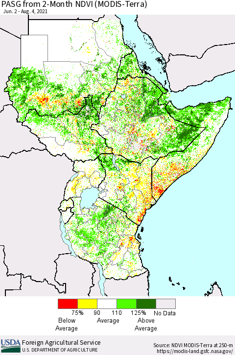 Eastern Africa PASG from 2-Month NDVI (Terra-MODIS) Thematic Map For 8/1/2021 - 8/10/2021