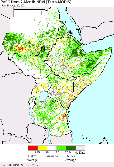 Eastern Africa PASG from 2-Month NDVI (Terra-MODIS) Thematic Map For 8/11/2021 - 8/20/2021