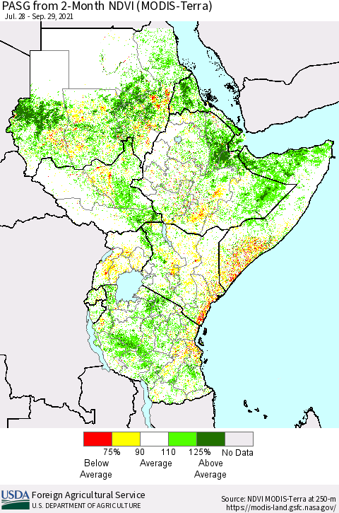 Eastern Africa PASG from 2-Month NDVI (Terra-MODIS) Thematic Map For 9/21/2021 - 9/30/2021