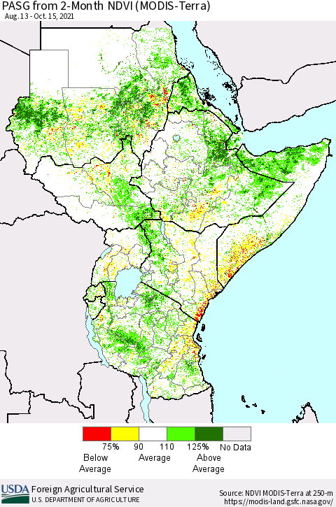 Eastern Africa PASG from 2-Month NDVI (MODIS-Terra) Thematic Map For 10/11/2021 - 10/20/2021