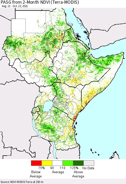 Eastern Africa PASG from 2-Month NDVI (Terra-MODIS) Thematic Map For 10/16/2021 - 10/23/2021