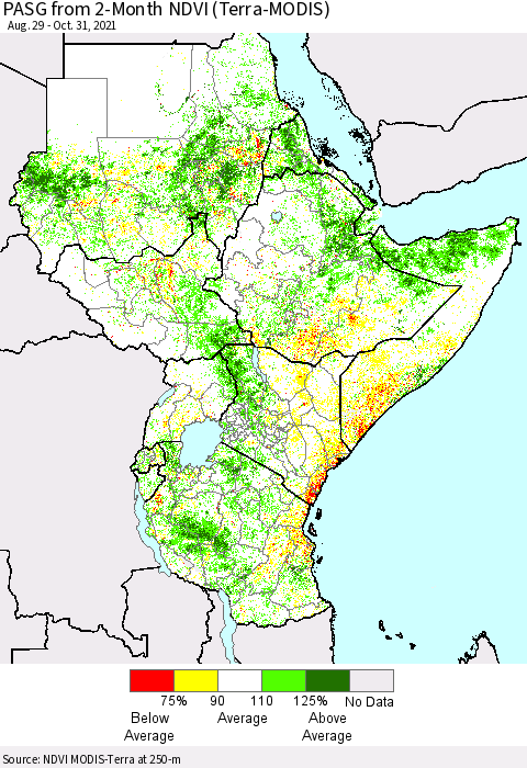 Eastern Africa PASG from 2-Month NDVI (Terra-MODIS) Thematic Map For 10/21/2021 - 10/31/2021