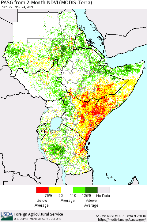 Eastern Africa PASG from 2-Month NDVI (Terra-MODIS) Thematic Map For 11/21/2021 - 11/30/2021