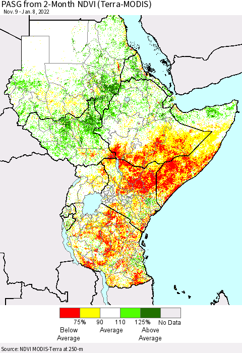 Eastern Africa PASG from 2-Month NDVI (Terra-MODIS) Thematic Map For 1/1/2022 - 1/8/2022
