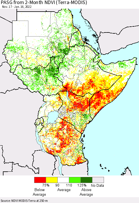 Eastern Africa PASG from 2-Month NDVI (Terra-MODIS) Thematic Map For 1/9/2022 - 1/16/2022