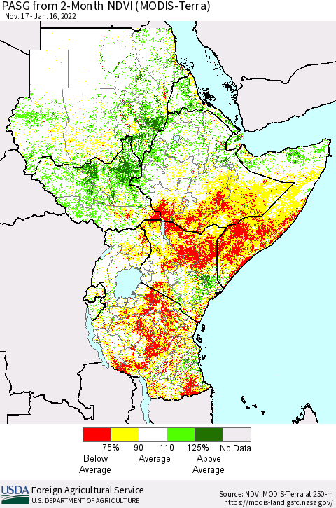 Eastern Africa PASG from 2-Month NDVI (MODIS-Terra) Thematic Map For 1/11/2022 - 1/20/2022