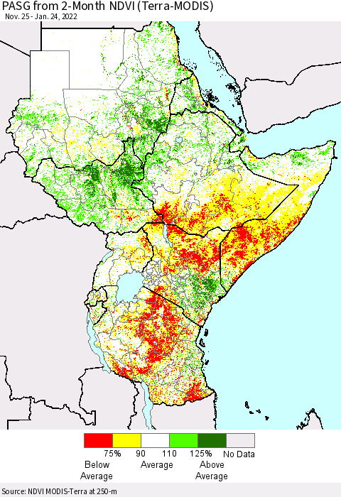 Eastern Africa PASG from 2-Month NDVI (Terra-MODIS) Thematic Map For 1/17/2022 - 1/24/2022