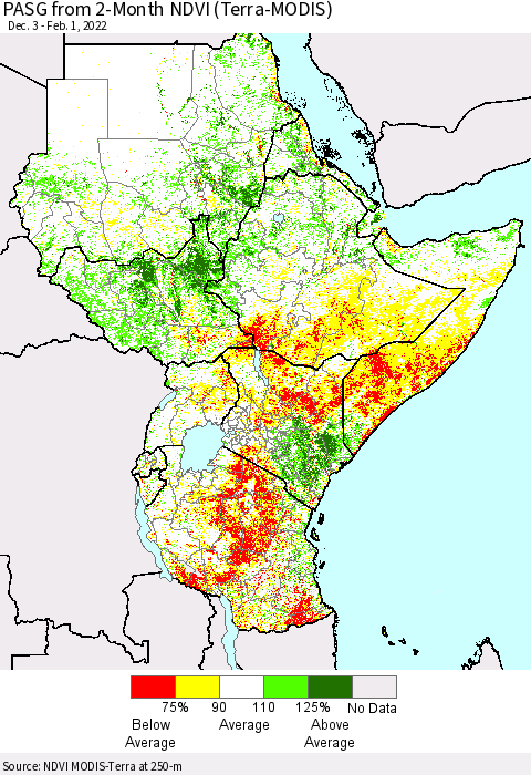 Eastern Africa PASG from 2-Month NDVI (Terra-MODIS) Thematic Map For 1/25/2022 - 2/1/2022