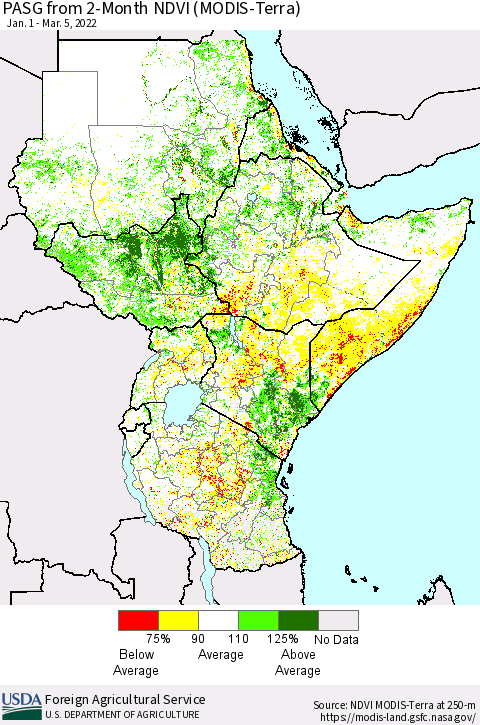 Eastern Africa PASG from 2-Month NDVI (Terra-MODIS) Thematic Map For 3/1/2022 - 3/10/2022