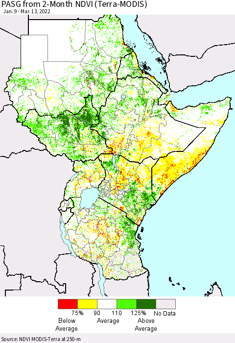 Eastern Africa PASG from 2-Month NDVI (Terra-MODIS) Thematic Map For 3/6/2022 - 3/13/2022